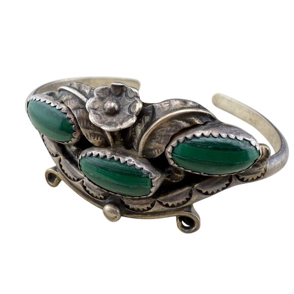 Vintage Sterling Silver Cuff Bracelet With Floral Design & Green Malachite Caboc - Picture 1 of 6